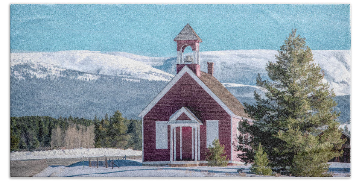 Colorado Beach Towel featuring the photograph Little Schoolhouse in the Shadow of the Rockies by Marcy Wielfaert