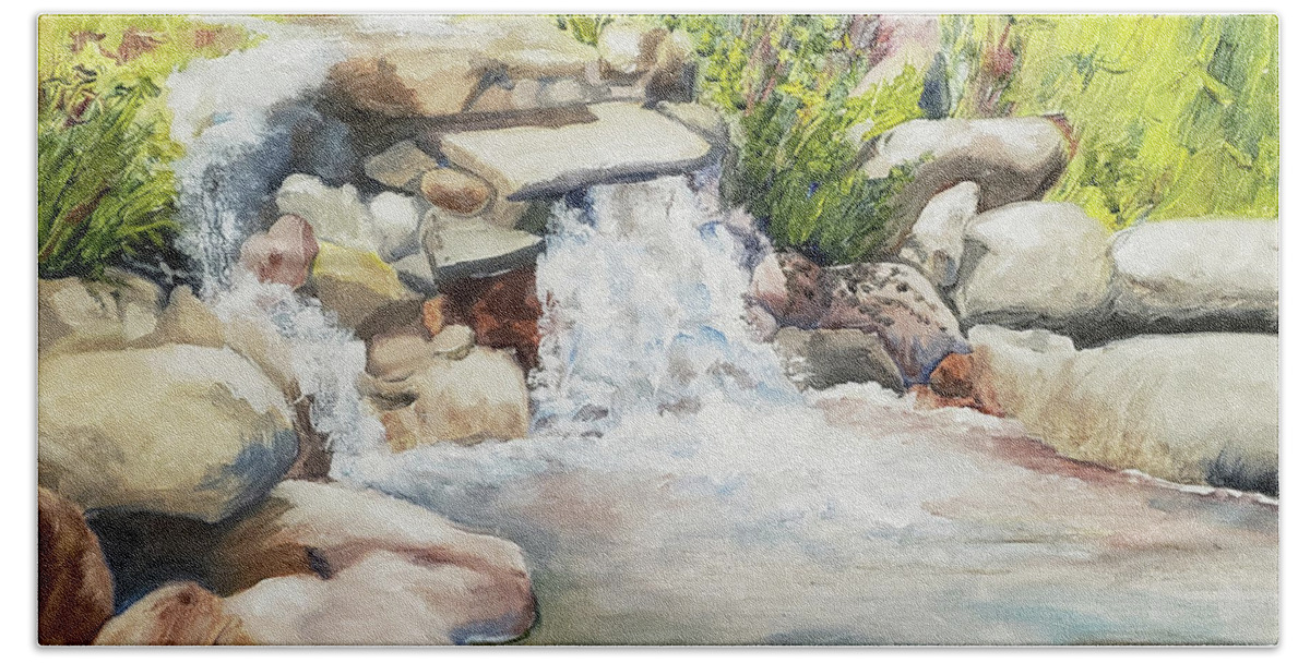 Rocks Beach Towel featuring the painting Little Waterfall by Martha Lancaster