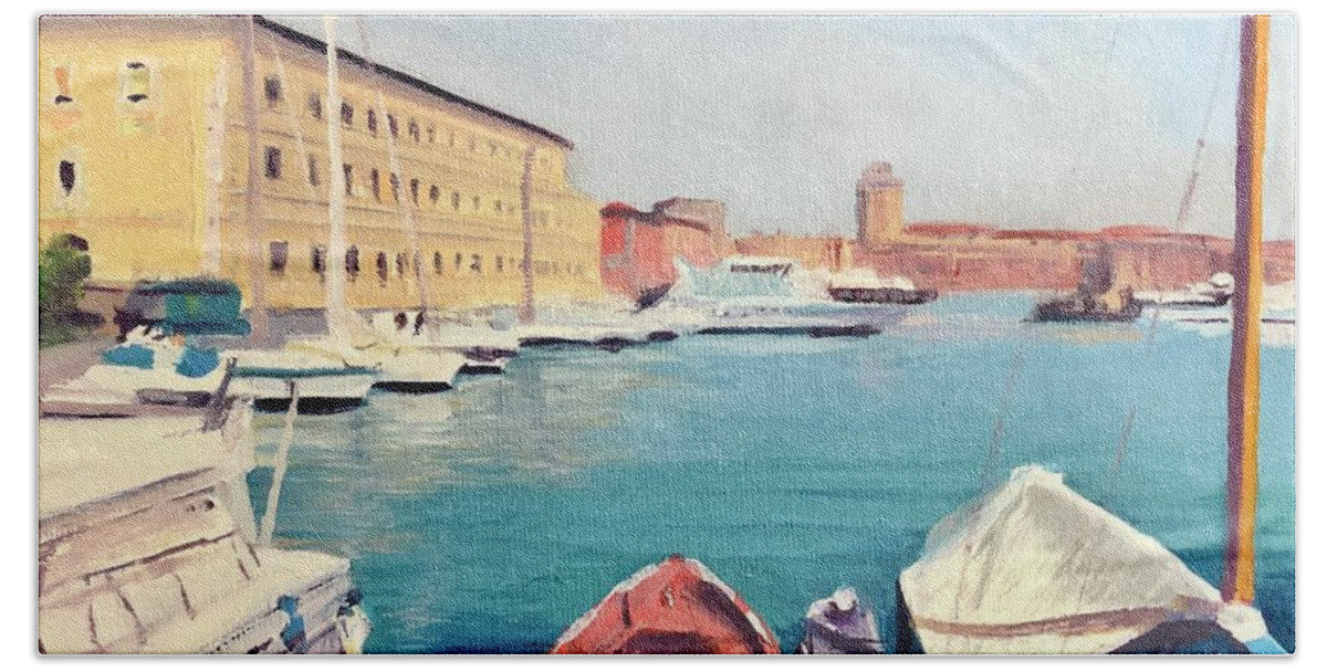 Boats Beach Sheet featuring the painting Livorno Harbor by Laura Toth