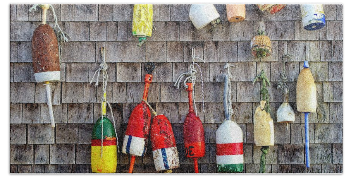 Cape Neddick Beach Towel featuring the photograph Lobster Buoys on Wall, York, Maine by Steven Ralser