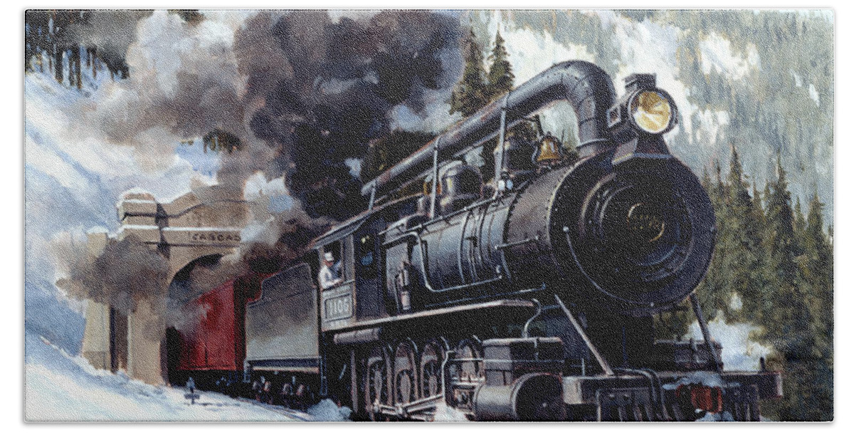 J Craig Thorpe Beach Towel featuring the painting Locomotives - Great Northern Railway 2-8-0 Type Engine Number 1106 Emerging From Cascade Tunnel by J Craig Thorpe