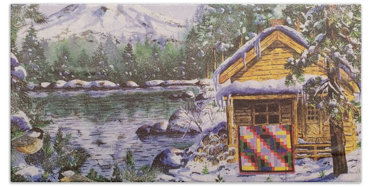 Log Cabin Beach Towel featuring the painting Log Cabin Mountain Quilt by Diane Phalen