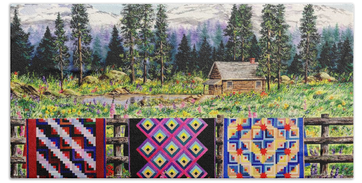 Mountains Beach Towel featuring the painting Log Cabin Quilts by Diane Phalen