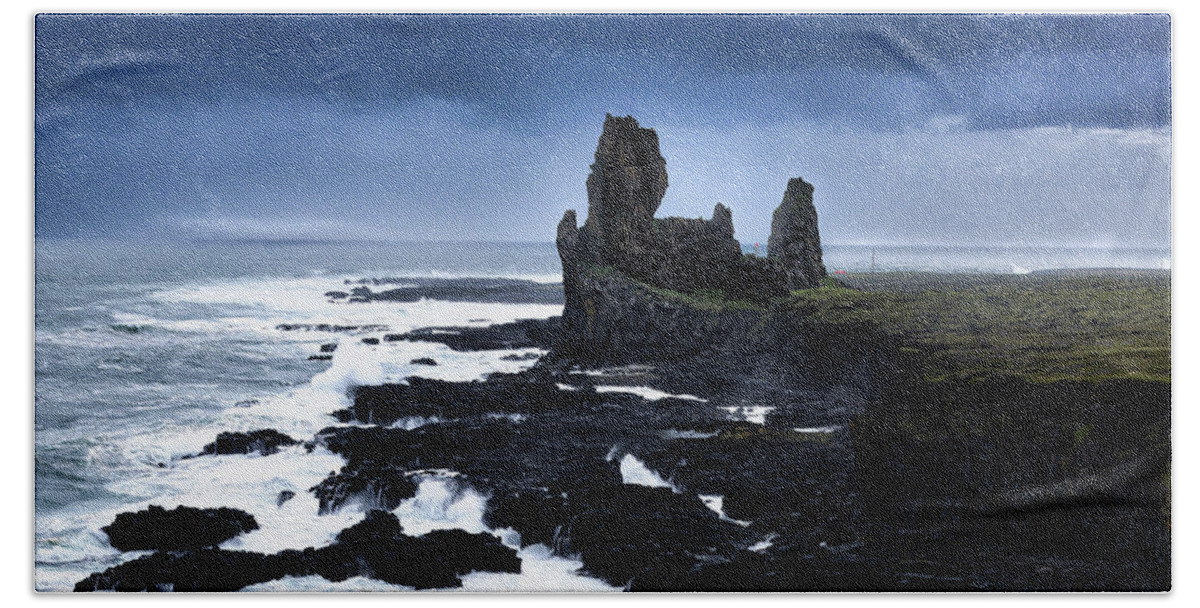 Iceland Beach Towel featuring the photograph Londrangar - the Rocky Castle of Iceland by Dee Potter