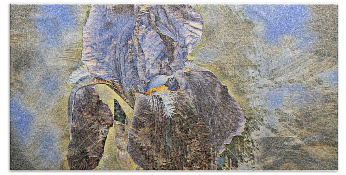 Iris Beach Towel featuring the digital art Lone iris painted effect by Bob McDonnell