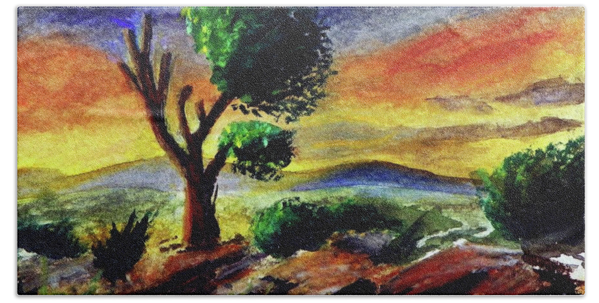 Sherril Porter Beach Towel featuring the painting Lone Tree at Sunset by Sherril Porter