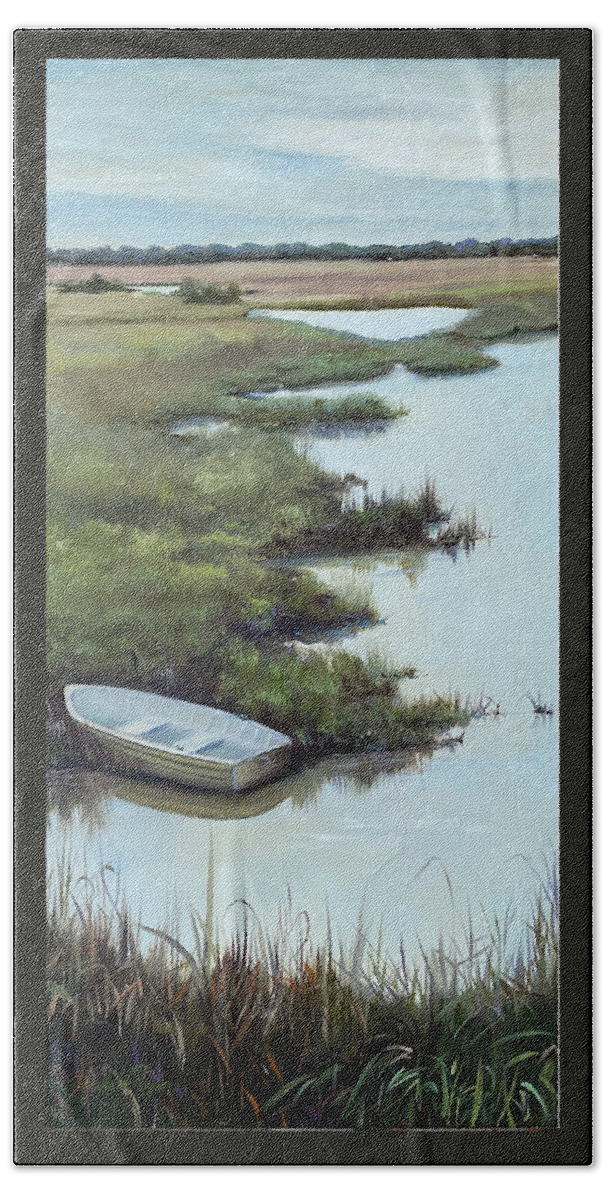 Rowboat Beach Towel featuring the painting Lonely Rowboat by Judy Rixom
