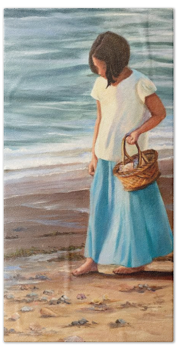 Girl Beach Towel featuring the painting Looking for Shells by Judy Rixom