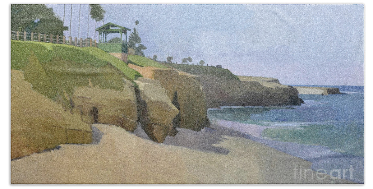 Lookout Beach Towel featuring the painting Lookout over Boomer Beach, La Jolla - San Diego, California by Paul Strahm