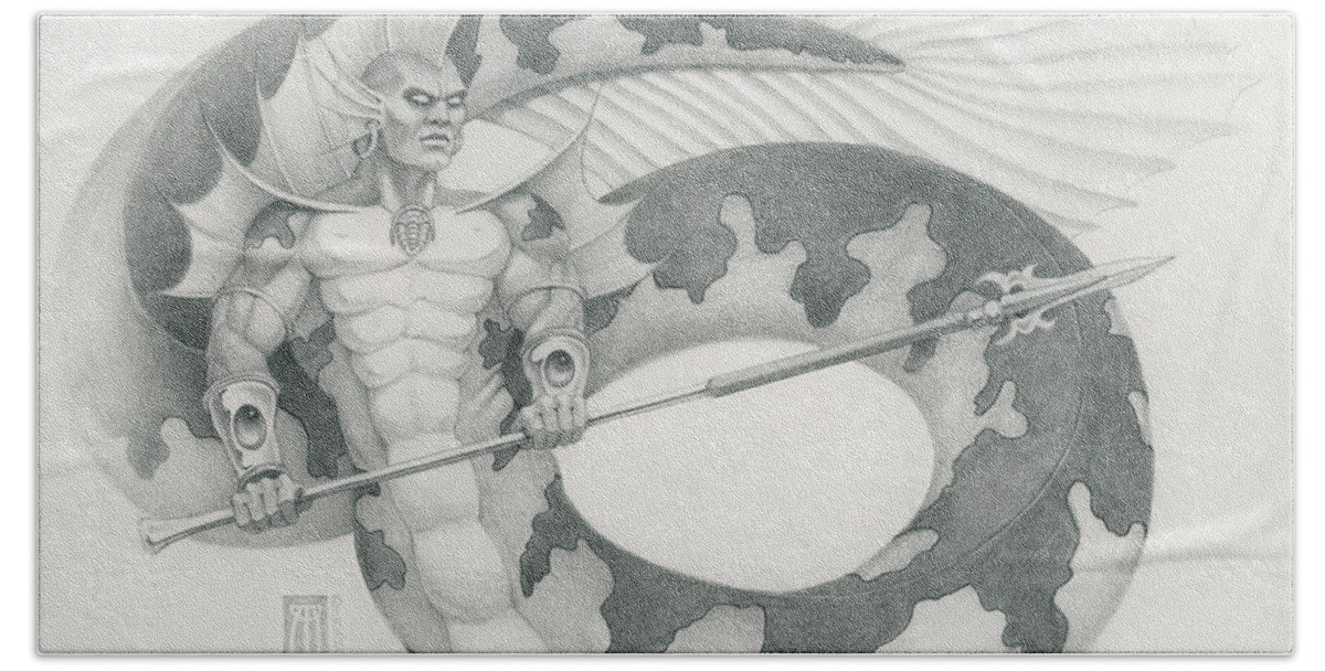 Lord Of Atlantis Beach Towel featuring the drawing Lord of Atlantis in Black and White by Melissa A Benson