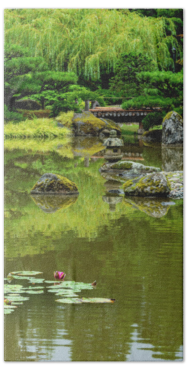 Outdoor; Summer; Japanese Garden; Seattle; City; Park; Water Lilies; Lotus; Pond; Beach Towel featuring the digital art Lotus in Japanese Garden by Michael Lee