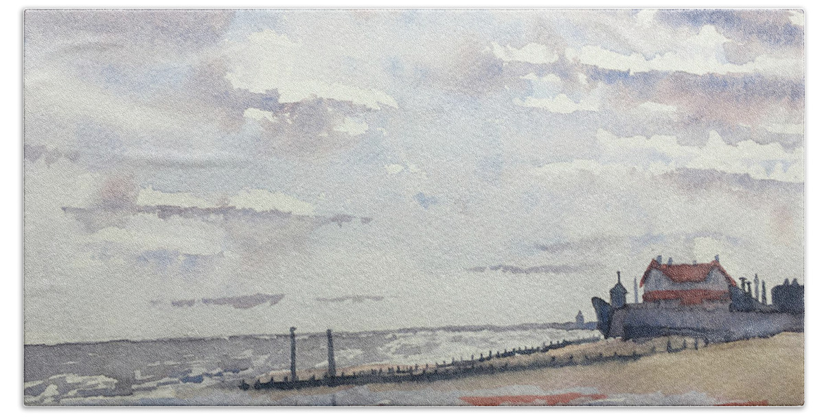 Watercolour Beach Towel featuring the painting Low Tide at Hornsea, early Spring by Glenn Marshall