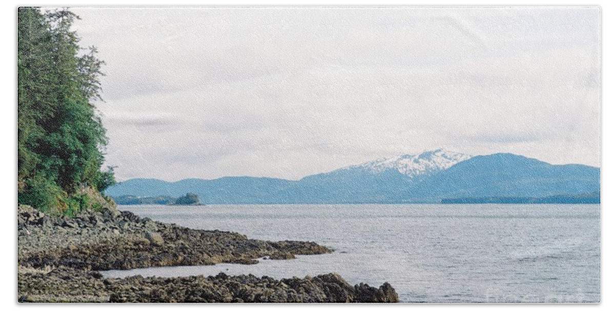 #alaska #ak #juneau #cruise #tours #vacation #peaceful #sealaska #southeastalaska #calm #chilkatmountains #chilkats #capitalcity #lynncanal #shrineofsttherese #clouds #cloudy #35mm #analog #film #summer #sprucewoodstudios Beach Towel featuring the photograph Low Tide Looking South by Charles Vice