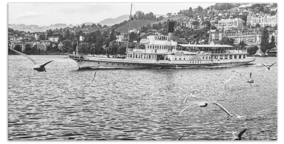 Black And White Beach Towel featuring the photograph Lucerne Paddle Steamer by Tom Watkins PVminer pixs