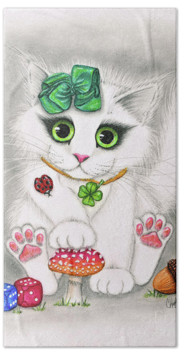 Cute Kitten Beach Towel featuring the painting Lucky Cat - White Kitten Good Luck Charms by Carrie Hawks