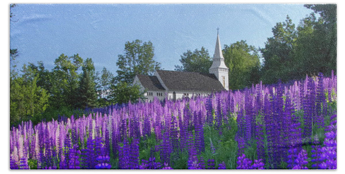 St Beach Towel featuring the photograph Lupine Church Panorama by White Mountain Images