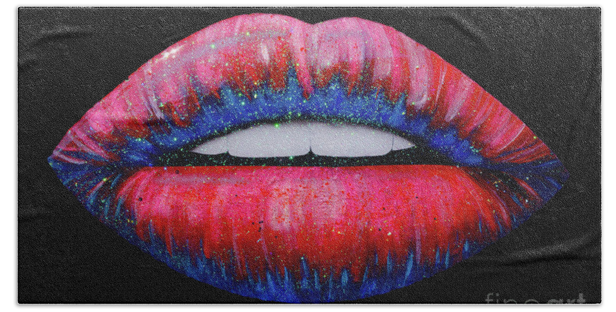 Lips Beach Towel featuring the mixed media Luscious Lips by Mayhem Mediums