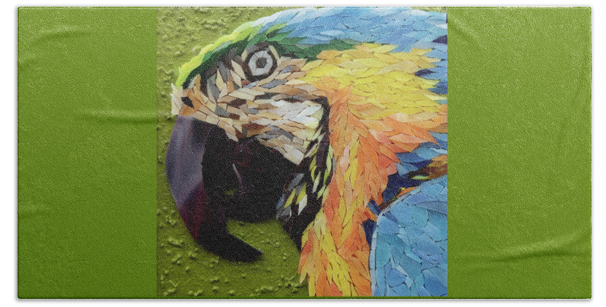Macaw Beach Towel featuring the glass art Mackey the Blue and Yellow Macaw by Adriana Zoon