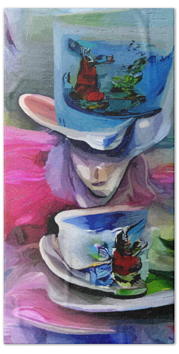 Mad Hatters Tea Party Beach Towel featuring the mixed media Mad Hatters Tea Party by Ann Leech