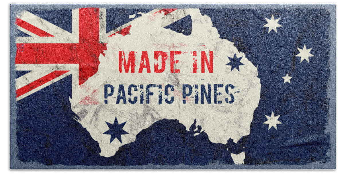 Pacific Pines Beach Towel featuring the digital art Made in Pacific Pines, Australia #pacificpines #australia by TintoDesigns