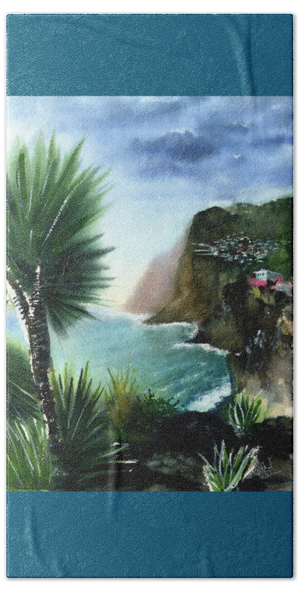 Portugal Beach Towel featuring the painting Madeira Sea View - Portugal by Dora Hathazi Mendes