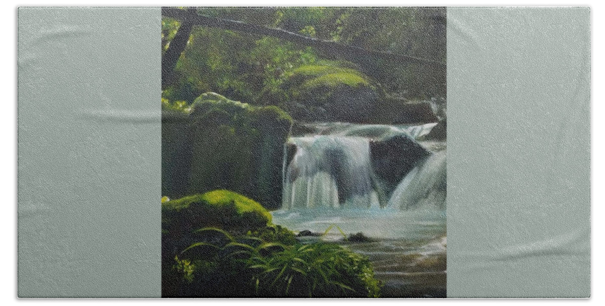 Waterfall Green Beach Towel featuring the painting Magic Falls by Caroline Philp