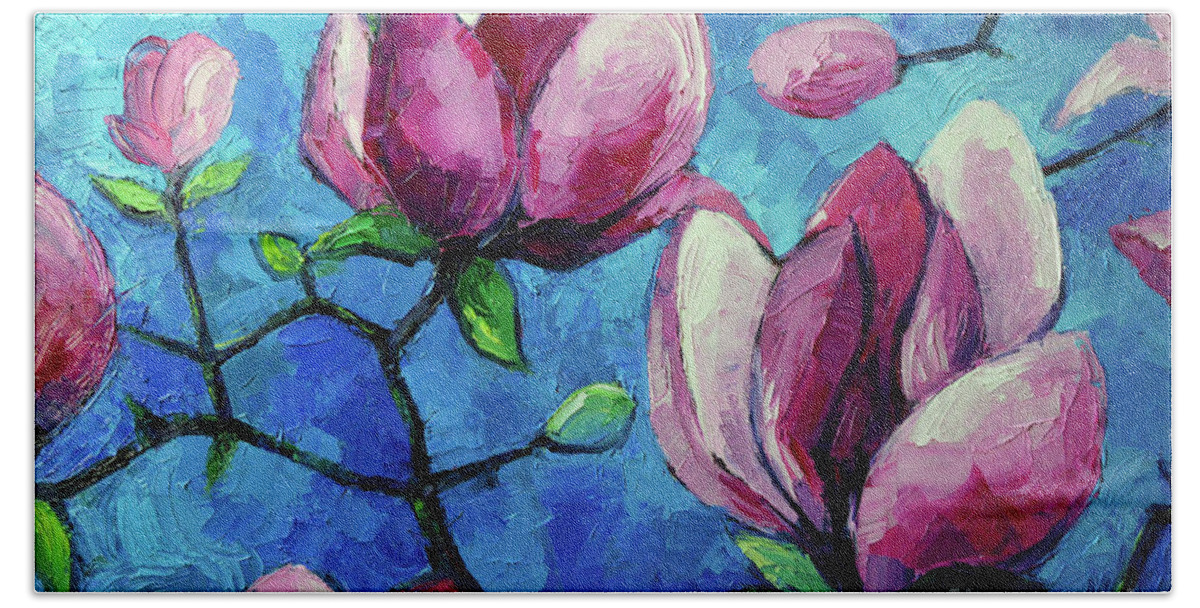 Magnolia Bloom Beach Towel featuring the painting MAGNOLIA BLOOM - Detail 1 - palette knife oil painting Mona Edulesco by Mona Edulesco