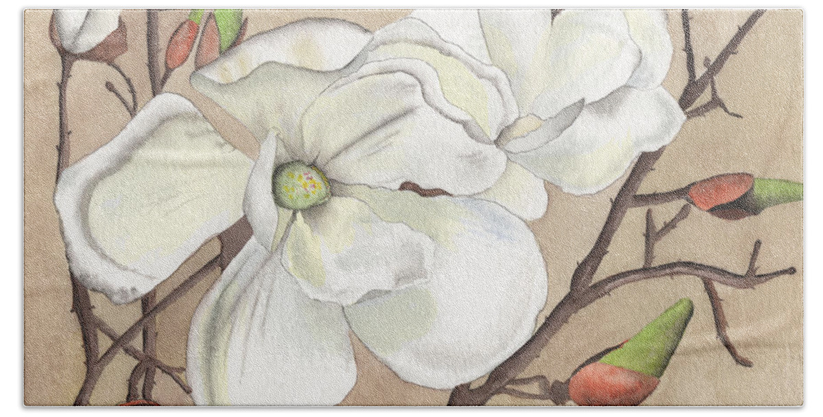 Magnolia Beach Towel featuring the painting Magnolias by Bob Labno