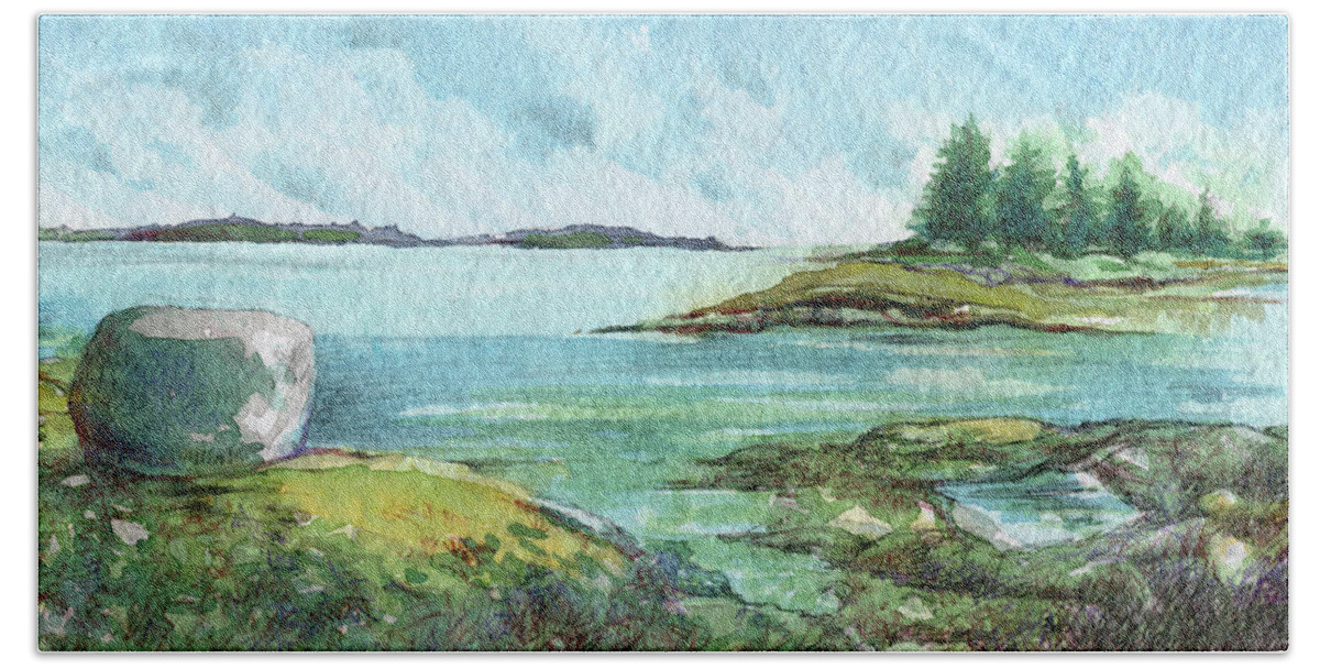 Maine Beach Towel featuring the painting Maine Island View by AnneMarie Welsh