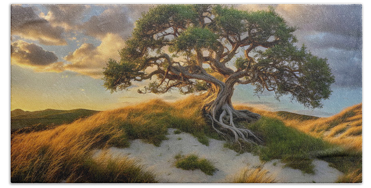 Twisted Tree Beach Towel featuring the digital art Majestic Tree - A Standout Feature on the Hillside by Russ Harris