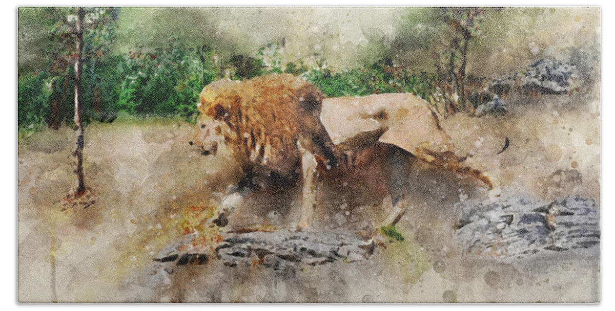 Lion Beach Towel featuring the digital art Male lion by Geir Rosset
