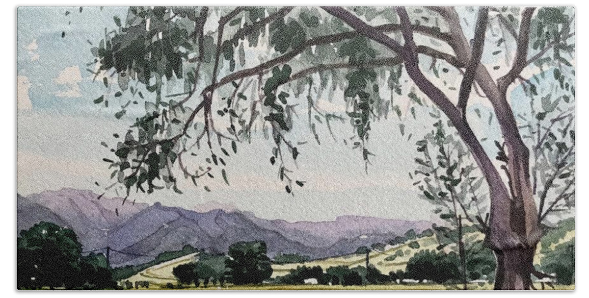 #santamonica Beach Towel featuring the painting Malibu Creek from King Gillette Ranch by Luisa Millicent