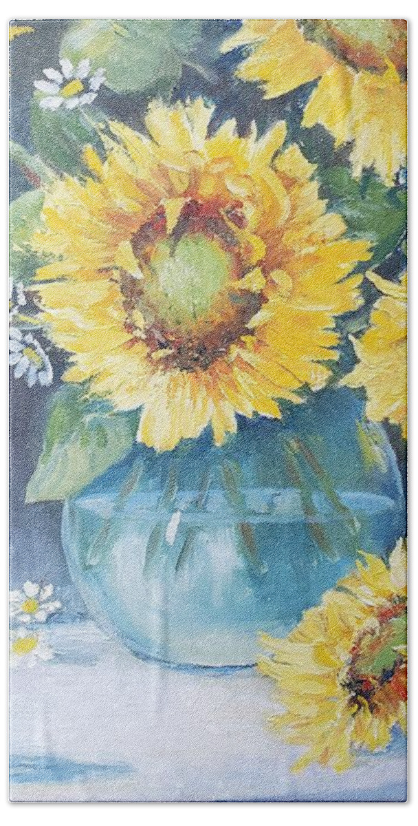 Sunflowers Autumn Coffee Harvest Beach Towel featuring the painting Mama's Cup with Sunflowers by ML McCormick