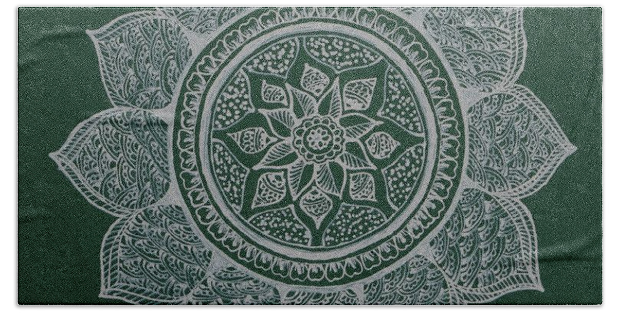 Lotus Beach Towel featuring the painting Mandala-Green by Bnte Creations