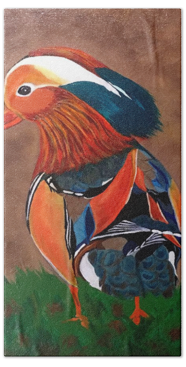  Beach Towel featuring the painting Mandarin Duck-Fowl Play by Bill Manson