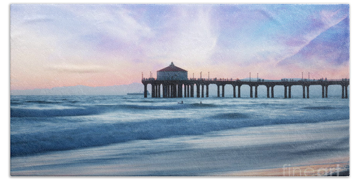 Sunset Beach Towel featuring the photograph Manhattan Beach Pier at dusk by Stella Levi