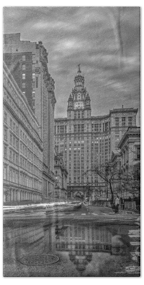 Nyc Municipal Building Beach Towel featuring the photograph Manhattan Municipal Reflection BW by Susan Candelario