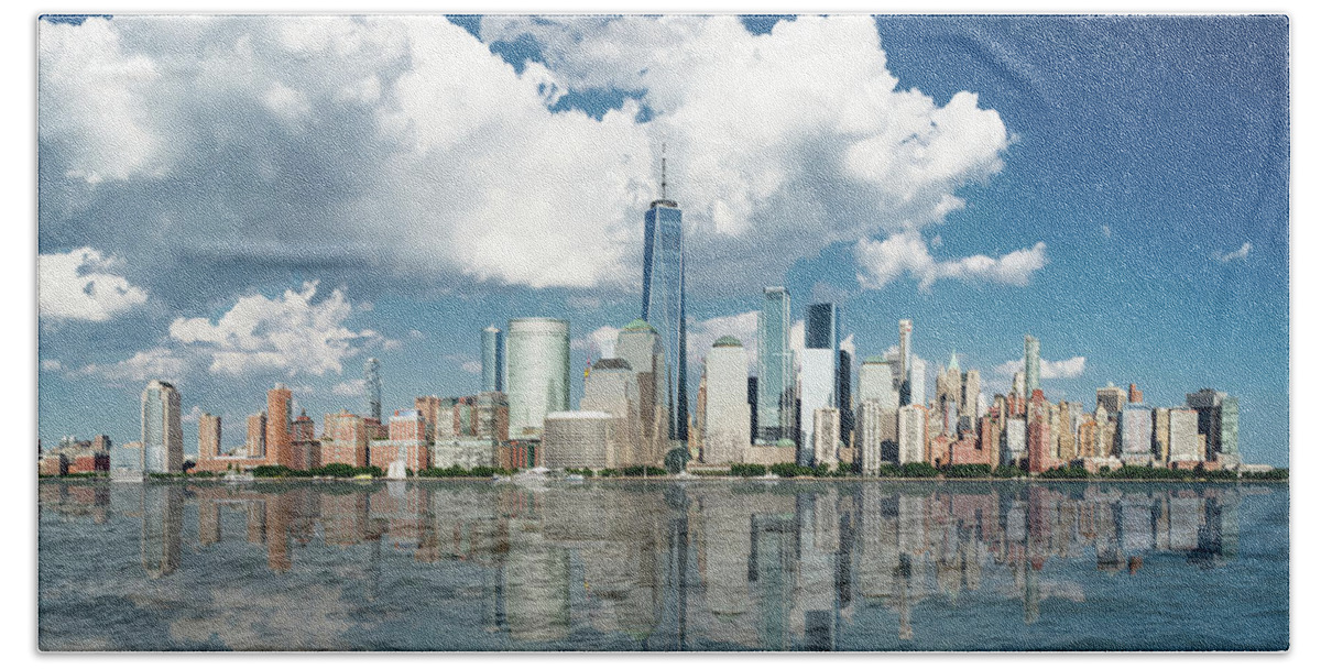 America Beach Towel featuring the photograph Manhattan skyline, reflection on Hudson river by Jean-Luc Farges