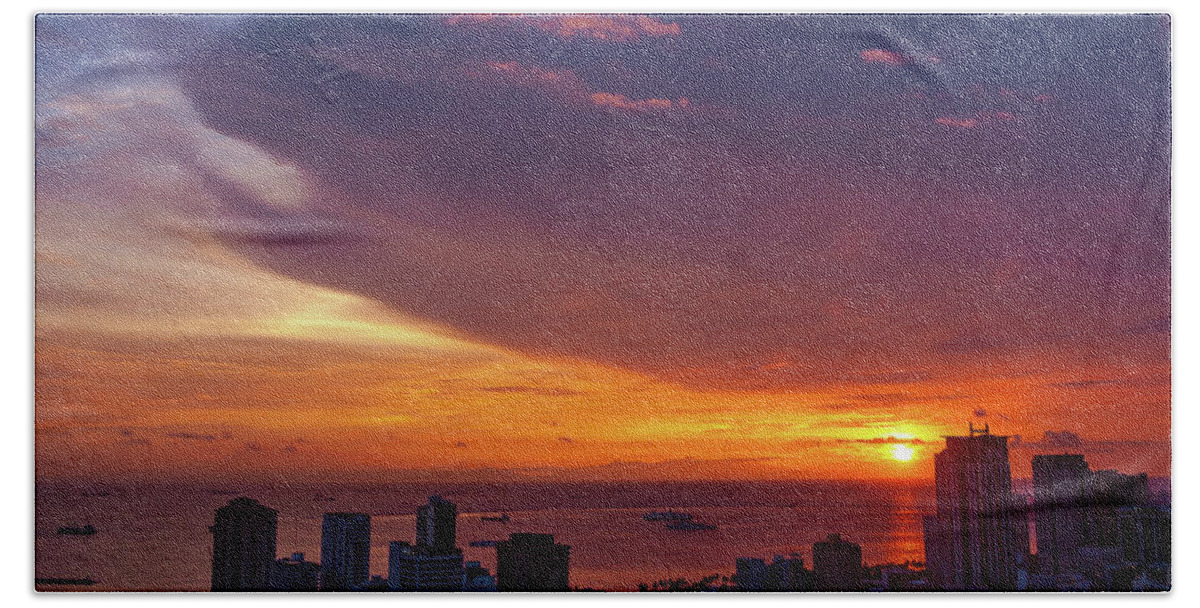 Philippines Beach Towel featuring the photograph Manila Sunset Cityscape by Arj Munoz