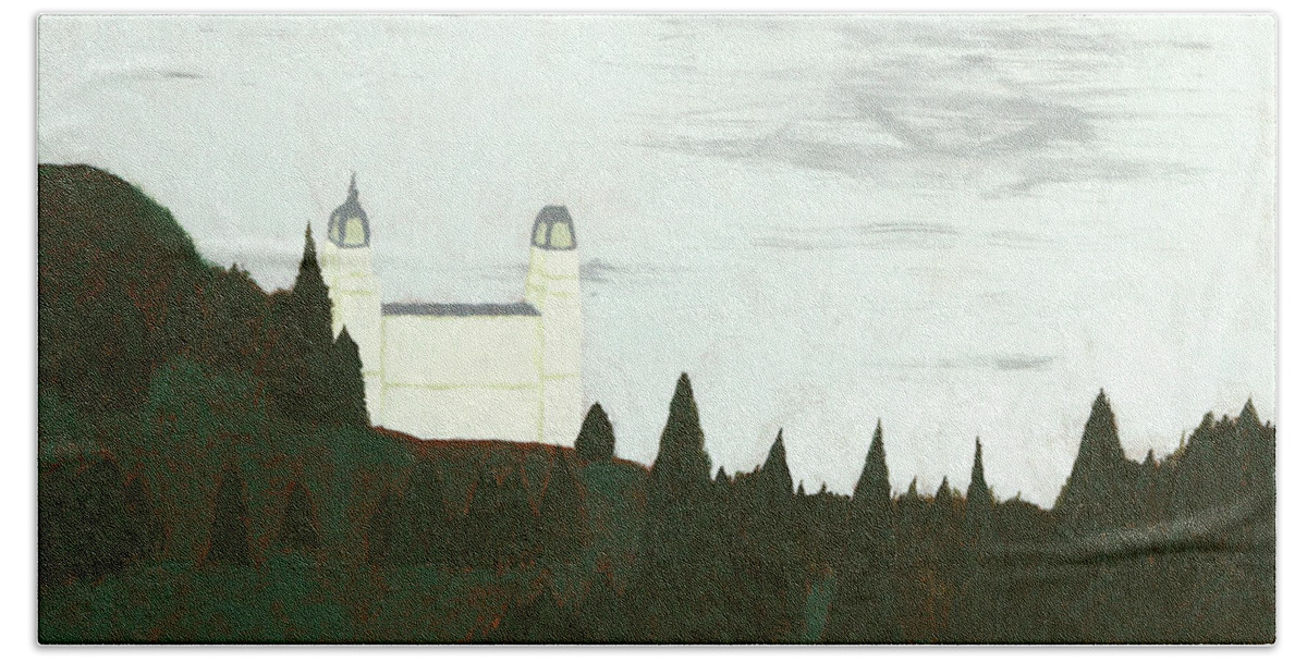 Manti Beach Towel featuring the painting Manti Temple by K Bradley Washburn