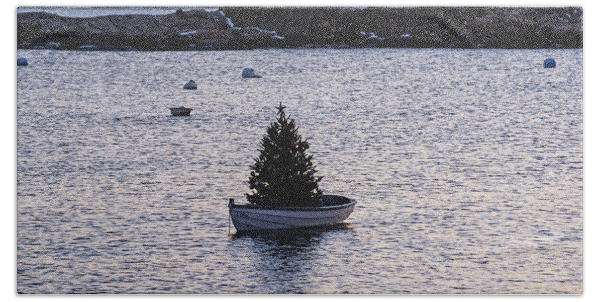 Marblehead Beach Towel featuring the photograph Marblehead MA Little Harbor Row Boat Christmas Tree at Sunrise Gerry Island Row Boat by Toby McGuire