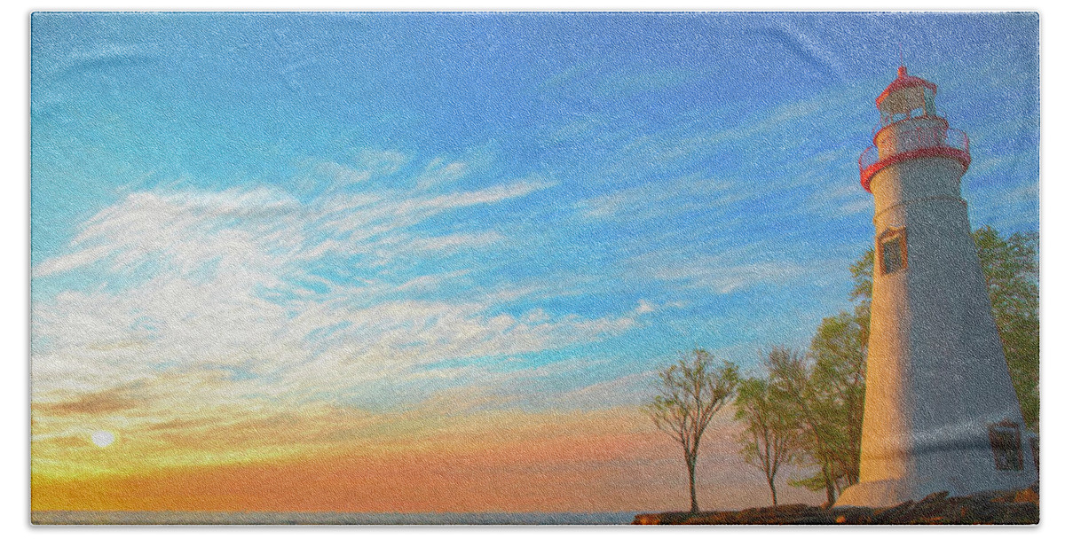 Marblehead Lighthouse Sunrise Panorama Beach Towel featuring the painting Marblehead Sunrise Painting by Dan Sproul
