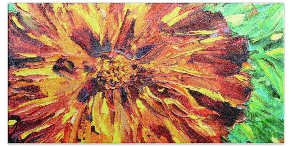 Marigold Beach Towel featuring the painting Marigold Inspiration 4 by Teresa Moerer