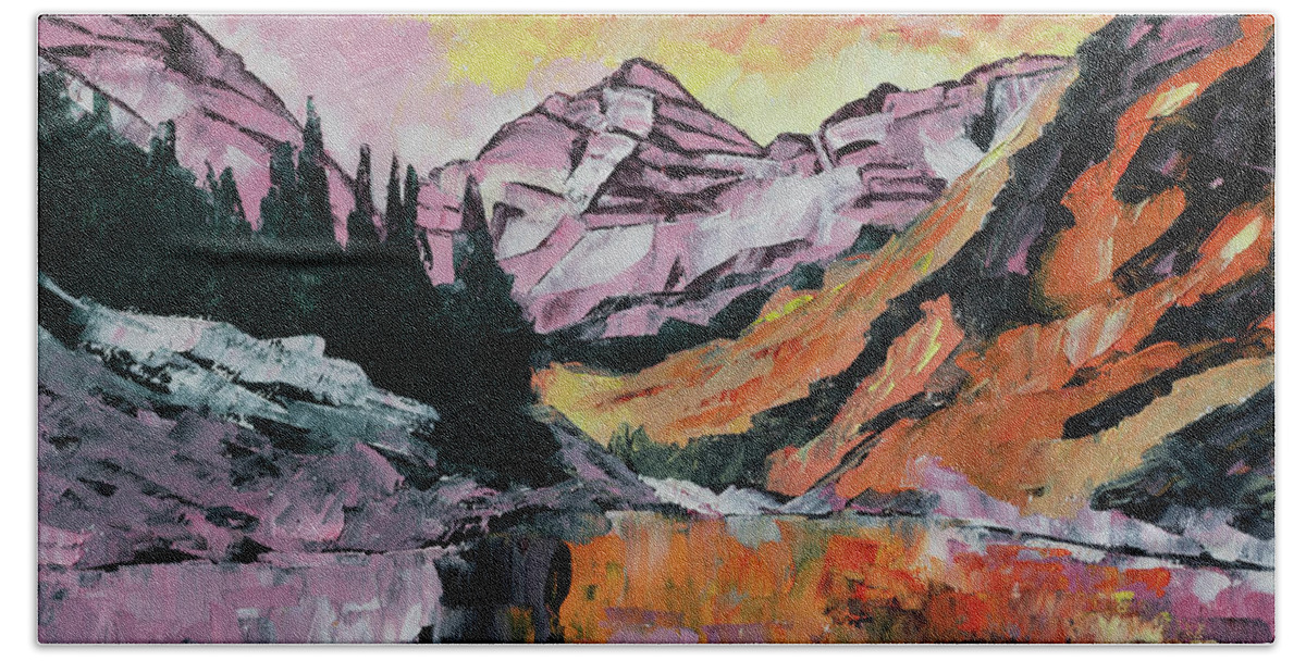 Landscape Beach Towel featuring the painting Maroon Bells in Autumn by Mark Ross