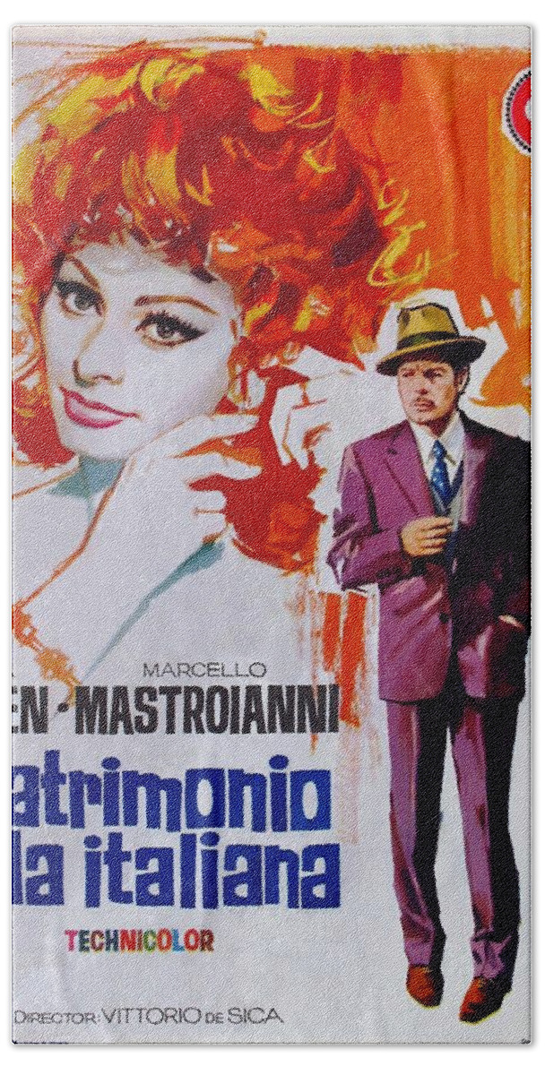 Synopsis Beach Towel featuring the mixed media ''Marriage Italian Style'', 1964 - art by Jano by Movie World Posters