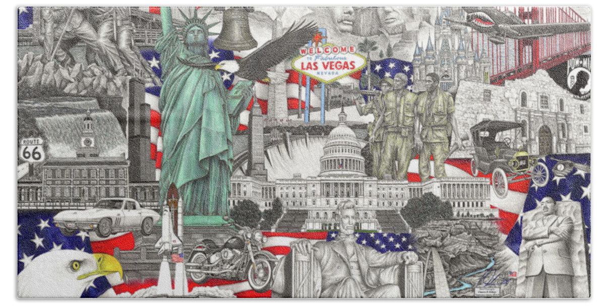The Statue Of Liberty Beach Towel featuring the drawing Masterpiece America by Omoro Rahim