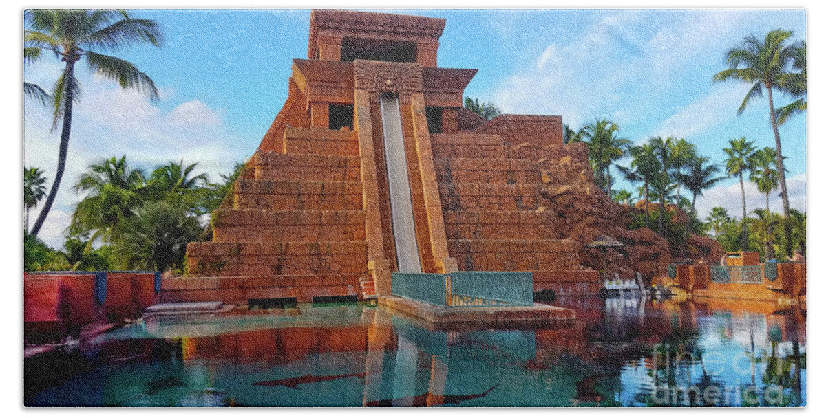 Atlantis Bahamas Beach Towel featuring the photograph Mayan Temple waterpark with sharks at the Bahamas by Dejan Jovanovic