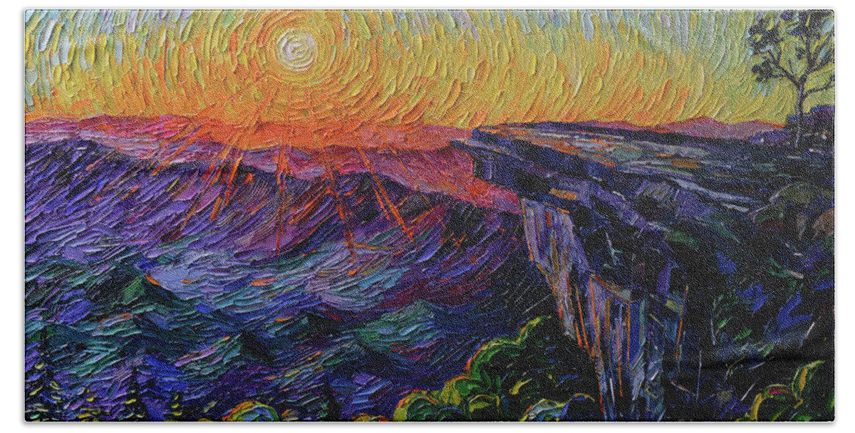 Mcafee Knob Appalachian Trail Beach Towel featuring the painting McAfee Knob Appalachian trail sunrise - textured impressionism oil painting Mona Edulesco by Mona Edulesco