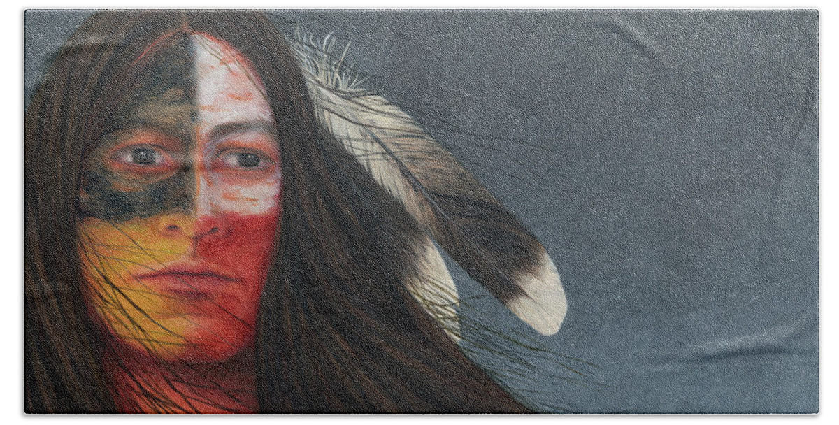 Native American; American Indian; Eagle Feathers; Medicine Wheel; Long Flowing Hair Beach Towel featuring the painting Medicine Man by Valerie Evans