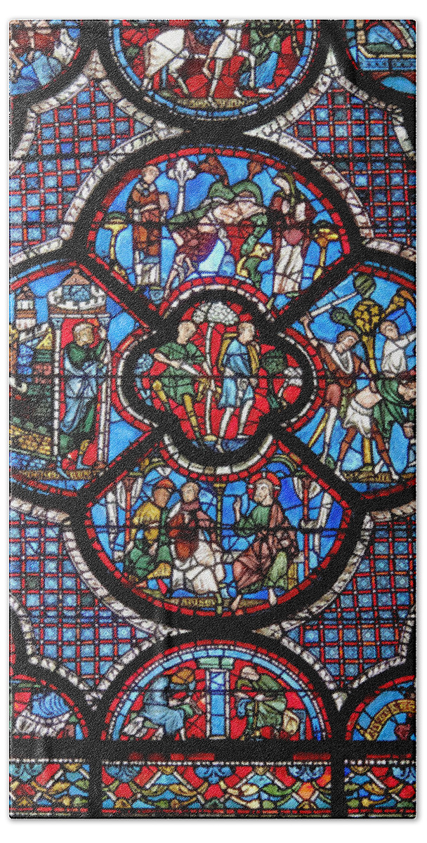 Chatre Beach Towel featuring the glass art Medieval stained glass Window of Chartres dedicated to the Good Samaritan by Paul E Williams